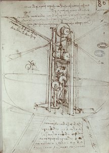 Tekening van vliegende voortstuwingsmachine. Manuscript door Leonardo da Vinci