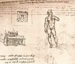 Tekening van plannen voor een kasteel en een naaktfiguur, gewassen met Indische inkt, ca. 1472-1519 door Leonardo da Vinci