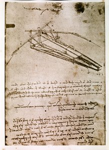 Fragment uit een Da Vinci manuscript dat het principe en de constructie van een "vliegende machine" beschrijft (manuscript)