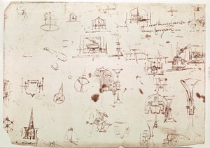 Fragment uit een Da Vinci manuscript dat het principe en de constructie beschrijft van een "Boot met Aandrijving door Wielen" (manuscript)