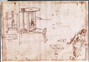 Uittreksel uit een manuscript van Da Vinci waarin het principe en de constructie van een "persmachine" voor afdrukken wordt beschreven (manuscript) door Leonardo da Vinci