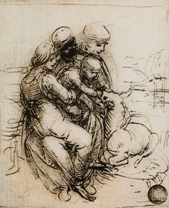 Eerste idee voor de Madonna en Kind en Sint Anna; tekening door Leonardo da Vinci. Gallerie dell