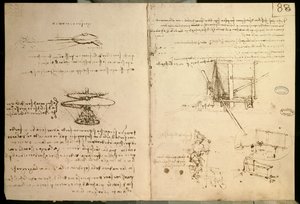 Vliegmachines, een van de eerste tekeningen van een helikopterachtige vliegmachine, ca. 1487 door Leonardo da Vinci