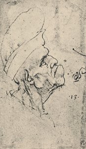 Karikatuur van een man met een hoed naar rechts, ca. 1480