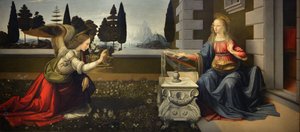 Italië Toscane Florence, Uffizi Galerij: De Annunciatie, schilderij door Leonardo da Vinci (1452-1519), ca. 1472-1475, 98x217 cm
