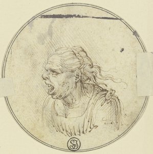Karikatuur van een vrouw met open mond, borstbeeld, in profiel naar links door Leonardo da Vinci