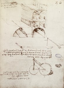 Manuscript B, f 36 r Architecturale studies, ontwikkeling en secties van gebouwen in stad met verhoogde straten door Leonardo da Vinci