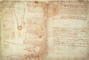 Notities en twee diagrammen over de relatie van aarde en maan tot de zon door Leonardo da Vinci