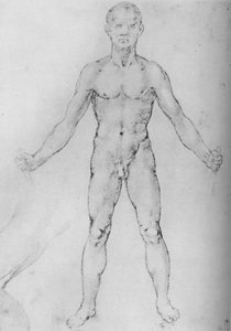Naakte man met uitgestrekte armen, gezien van voren, ca. 1480