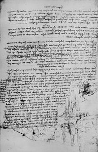 Pagina met tekst en schetsen van landschap, ca. 1480 door Leonardo da Vinci
