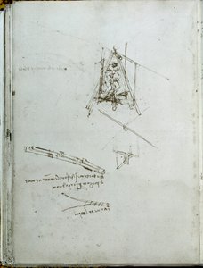 Wetenschap en technologie: manuscript over vliegmachines, voorloper van de helikopter. Boek van Leonardo da Vinci (1452-1519). Rond 1487. Parijs, Bibliotheek van het Institut de France