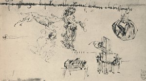 Blad met Studies van een Jonge Vrouw, Een Wolf, Etc., ca. 1480 1945 door Leonardo da Vinci
