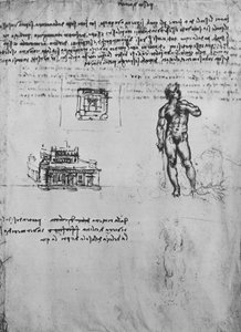 Twee studies van een naaktfiguur en het uitzicht en plan van een gebouw, c1480 1945