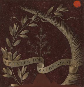 Krans van Laurier, Palm en Jeneverbes met een Scroll met de inscriptie Virtutem Forma Decorat [achterkant], ca. 147 door Leonardo da Vinci