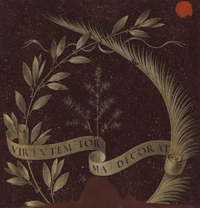 Krans van laurier, palm en jeneverbes met een rol inscriptie Virtutem Forma Decorat, ca. 1474-78 door Leonardo da Vinci