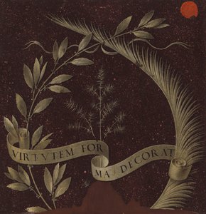 Krans van laurier, palm en jeneverbes met een rol inscriptie Virtutem Forum Decorat (achterkant) door Leonardo da Vinci