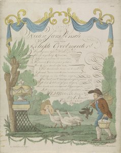 Wensbrief met een boer en zijn ganzen door Leonardus Schweickhardt