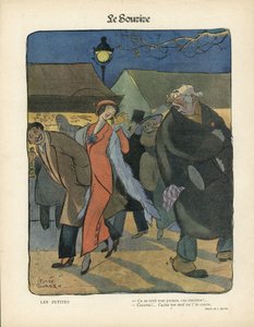 Illustratie van Leonce Burret (1865-1915) in Le Smile, nr. 4, 23/01/13 - Les petites - Nocturne, Prostitutie, Papieren casseroles, Vloerlamp, Bont door Leonce Burret
