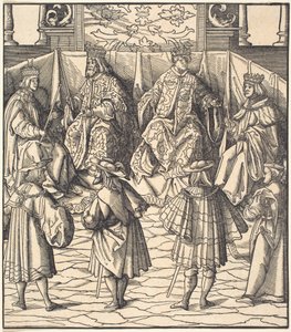 Vergadering van vier koningen, op de voorgrond vier mannen door Leonhard Beck