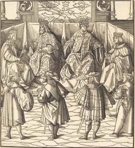 Vergadering van vier koningen, op de voorgrond vier mannen door Leonhard Beck