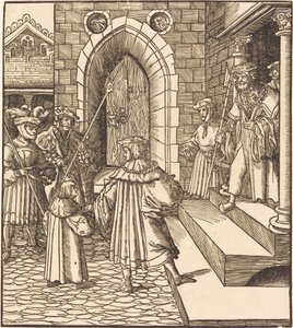 Drie mannen en een jongen in de binnenplaats van een kasteel, rechts drie mannen op een trap