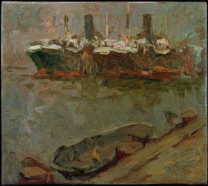 Schuit aan de pier, twee passagiersschepen op de achtergrond door Leonhard Sandrock