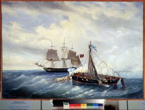 De zeeslag tussen het Russische kleine schip Opyt en de Britse fregat, nabij het eiland Nargen (Kaspische Zee), op 11 juli 1808 tijdens de Engels-Russische oorlog (1807-1812).
