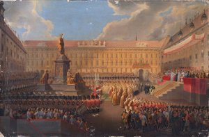 Onthulling van het monument voor keizer Frans I van Oostenrijk op 19 juni 1846 op het Weense Franzensplatz door Leopold Bucher