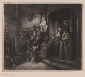 Interieur van een synagoge met gelovigen door Leopold Flameng