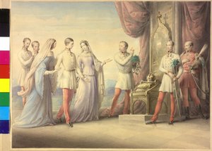 Keizerin Maria Anna en aartshertogin Sophie met keizer Franz Joseph I
