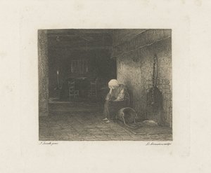 Interieur met vrouw bij de openhaard door Leopold Lowenstam