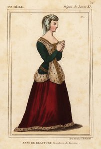 Anne Rogier de Beaufort, Burggraaf van Turenne 1435-1479. Handgekleurde lithografie naar een glas-in-loodraam in de kerk van Cordelieres de Nantes in Roger de Gaignieres