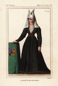 Lauretta van Jaucourt, vrouw van Michael van Chaugy, Heer van Chissey, Laurette de Jaucourt, Handgekleurde lithografie naar een miniatuur in Roger de Gaignieres