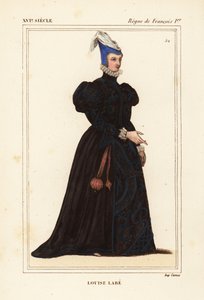 Louise Labe, La Belle Cordiere, Franse dichter 1526-1566. Musicus, ruiter, boogschutter, schermer en taalkundige. Handgekleurde lithografie naar een portret in Roger de Gaignieres
