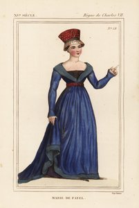 Marie de Fayel, gravin van Dammartin, vrouw van Renaud de Nanteuil, heer van Acy en zus van Jean de Fayel. Handgekleurde lithografie naar een miniatuur in het manuscript Histoire du Comte Gerard de Nevers in Roger de Gaignieres
