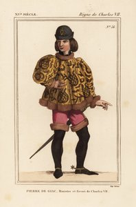 Pierre de Giac, Kamerheer van Koning Karel VII van 1377-1426. Geëxecuteerd door verdrinking in Dun-Le-Roi. Hij draagt een korte cassock met mahoitres mouwen, roze pantalons en laarzen met sporen. Handgekleurde lithografie naar een miniatuur in een manuscri door Leopold Massard