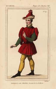 Tanneguy IV du Chatel, Burggraaf de la Belliere, Grootmeester van het Hotel van Francis II, Hertog van Bretagne, d. 1477. Handgekleurde lithografie naar een figuur in een wandtapijt dat Esther en Mordecai afbeeldt in Roger de Gaignieres