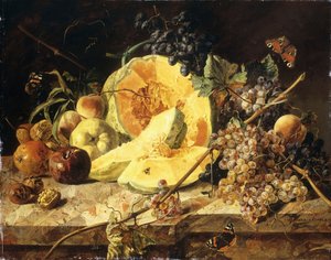 Een stilleven met fruit, noten en insecten, 1835