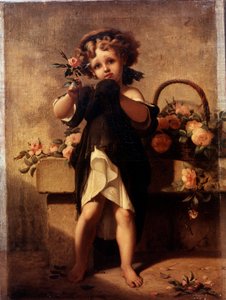 Portret van een klein meisje met een roos. Schilderij door Leopold Moulignon (1821-1897) 19e eeuw door Leopold de Moulignon