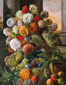 Leopold von Stoll Stilleven met bloemen en druiven