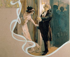 Geïllustreerde ansichtkaart door Leopoldo Metlicovitz (1868-1944) die scène uit Tosca, opera van Giacomo Puccini (1858-1924) afbeeldt