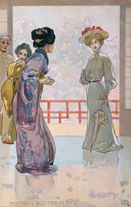 Ansichtkaart gemaakt voor de première van "Madame Butterfly", in Brescia door Leopoldo Metlicovitz