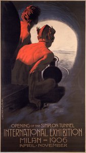 Poster uitgebracht voor De Milan Internationale, een wereldtentoonstelling ter gelegenheid van de opening van de Simplontunnel door Leopoldo Metlicovitz