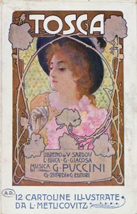 Titelpagina van partituur voor de opera Tosca door Puccini, ca.1910 (kleur litho) door Leopoldo Metlicovitz