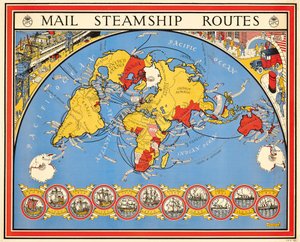 Poster die poststoomschiproutes adverteert door Leslie MacDonald Gill