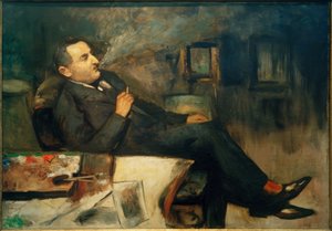 Lesser Ury rokend in het atelier (Zelfportret) door Lesser Ury