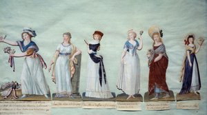 Verschillende jonge vrouwen die vrouwelijke mode tijdens de Revolutie vertegenwoordigen door Lesueur Brothers
