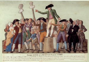 Eerste scène van de Franse revolutie in Parijs: op 12/07/1789, na het ontslag van koning Jacques Necker, riep Camille Desmoulins de menigte op tot opstand tegen de regering bij het Palais Royal. De bustes van Jacques Necker en Louis Phil