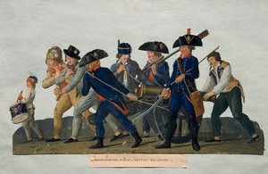 Franse Revolutie: Jonge mannen gaan oefenen met het kanon. Gravure door de gebroeders Lesueur (18e eeuw). Parijs, Musee Carnavalet