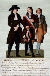 Franse revolutie: de revolutionairen Jerome Petion, Jacques Antoine Manuel en Pierre-Gaspard Chaumette, woordvoerder van de ongebreidelde. Gouache des freres Lesueur (18e eeuw)